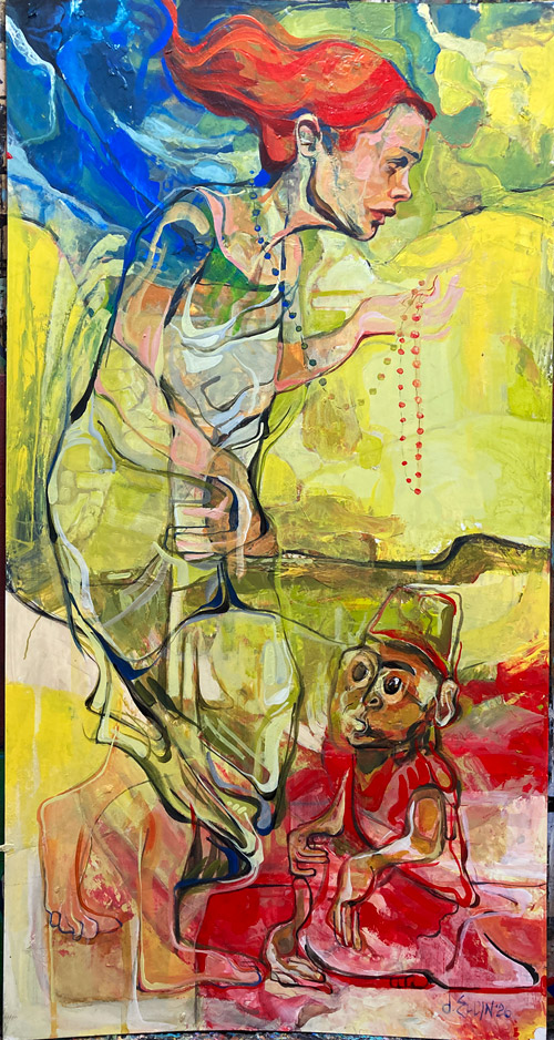 Princess with a Monkey, acrylic painting by Dana Ellyn, woman holding red beads beside a small monkey, 14x27 inches