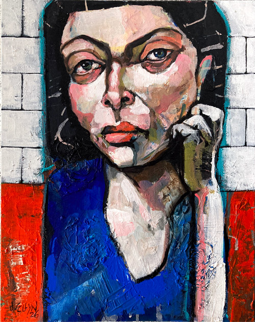 Reminiscing, acrylic painting by Dana Ellyn, woman with black hair resting chin on fist against white tile, 14 x 18 in
