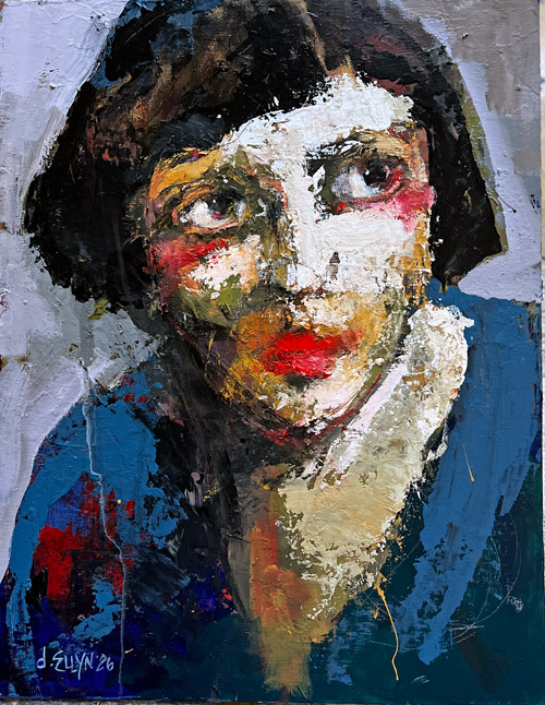 Resilient, acrylic painting by Dana Ellyn, close-up portrait of a woman with a steady gaze, 14x18 inches