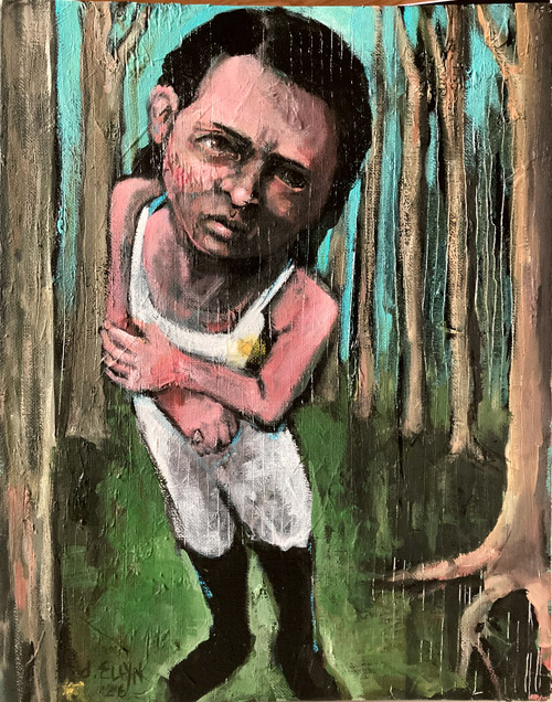 She Wouldn't Take Off Her Boots, acrylic painting by Dana Ellyn, figure with arms crossed standing among vertical tree forms, 11x14 inches
