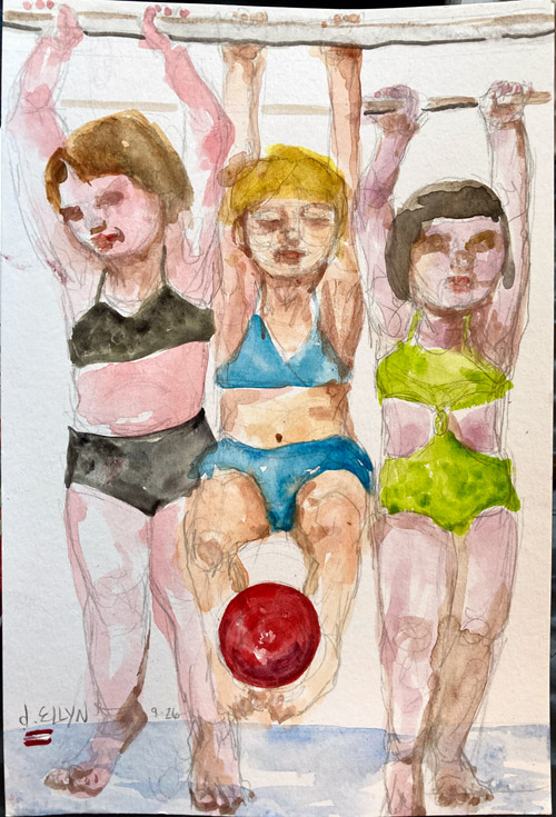 Swim Lesson, watercolor painting by Dana Ellyn, three children in swimsuits hanging from a bar with a red ball below, 6x9 inches