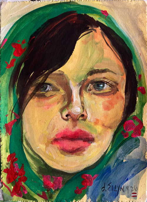 Take One, acrylic and watercolor painting by Dana Ellyn, portrait of a woman in a green hooded garment with red floral pattern, 6x9 inches