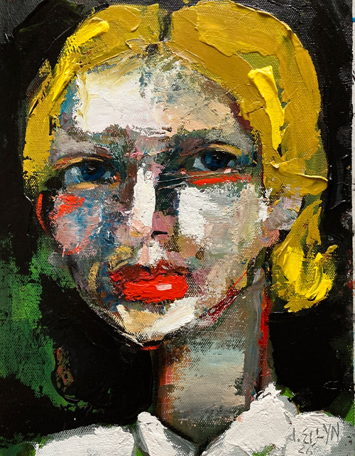 Take Two, acrylic painting by Dana Ellyn, thickly painted frontal portrait with yellow hair and blue eyes against a dark background, 8x10 inches