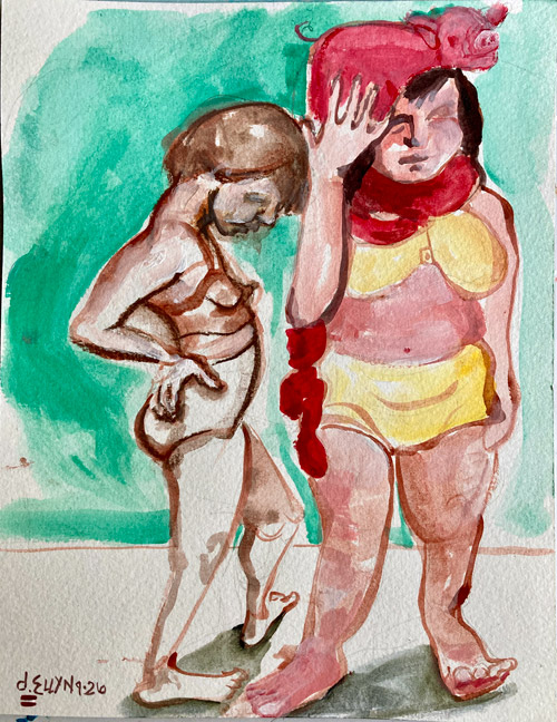 The Costume, acrylic and watercolor painting by Dana Ellyn, two nude figures with one holding a pink pig-shaped mask overhead, 7x9 inches