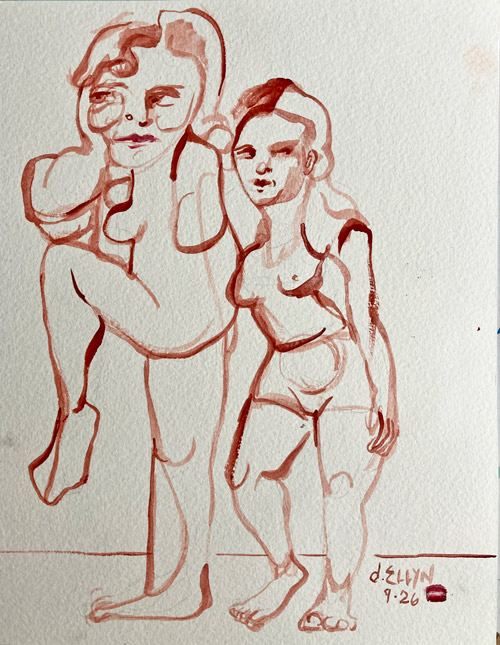 Understudy, watercolor painting by Dana Ellyn, sepia line drawing of two nude women standing together, 7x9 inches