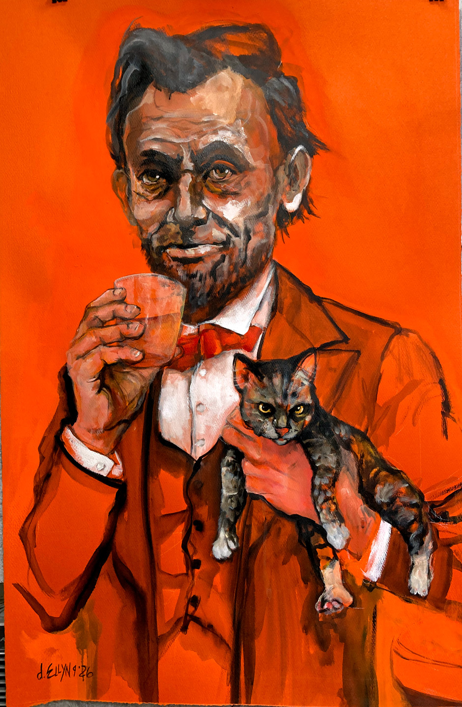 Whiskey and Whiskers, acrylic painting by Dana Ellyn of Abraham Lincoln holding a glass of whiskey and a tabby cat, 23 x 36 inches