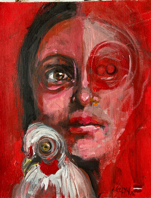 Woman with Hen, acrylic painting by Dana Ellyn, red-toned portrait of a woman's face beside a white hen, 8x10 inches