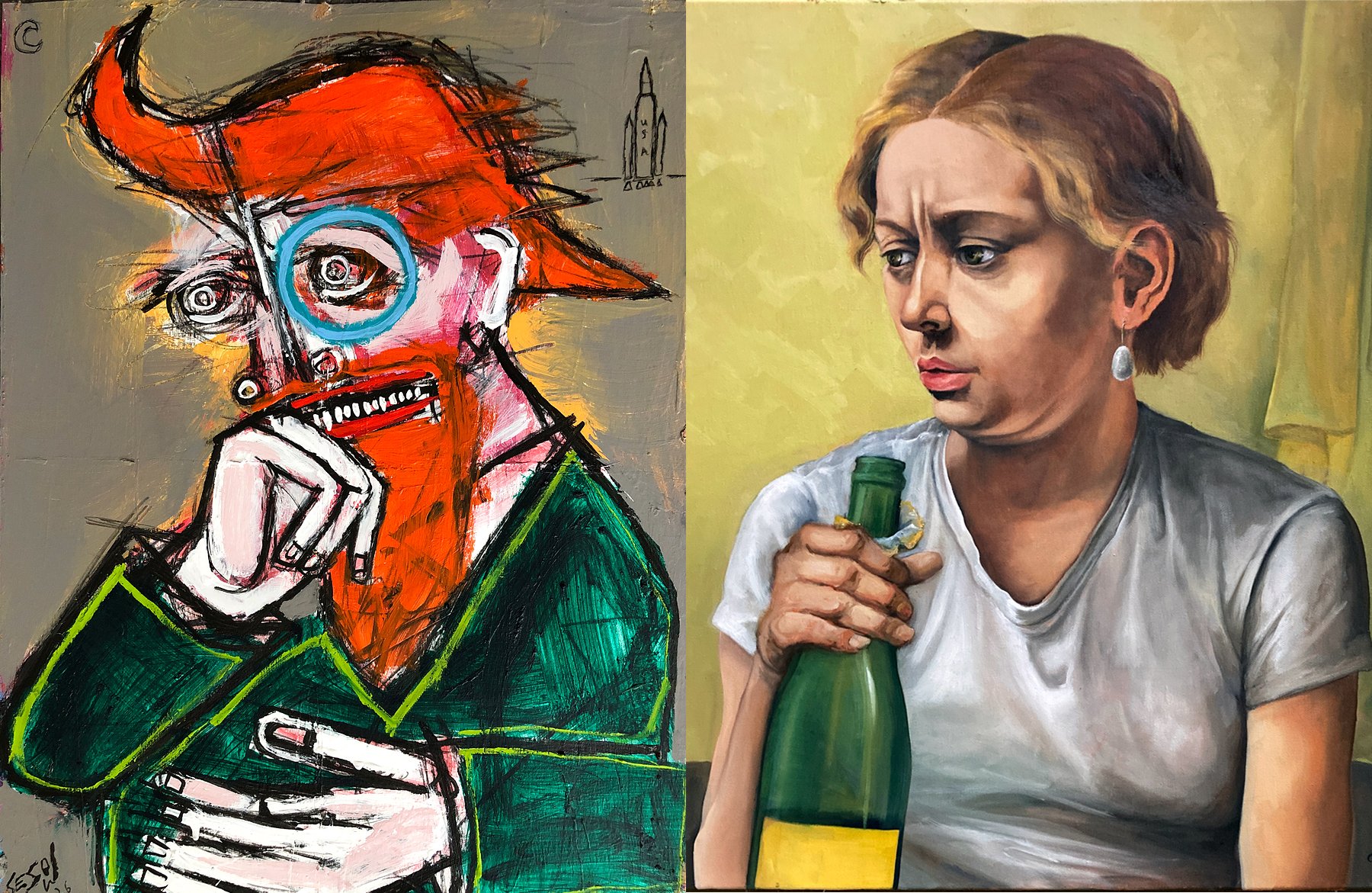 Paintings by Matt Sesow and Dana Ellyn — raw expressionism meets precise narrative realism