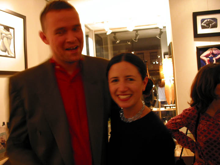 Dana Ellyn with a guest at the Nudes opening reception, NZen Gallery, 2002