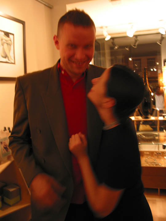 Dana Ellyn with a guest at the Nudes opening reception, NZen Gallery, 2002