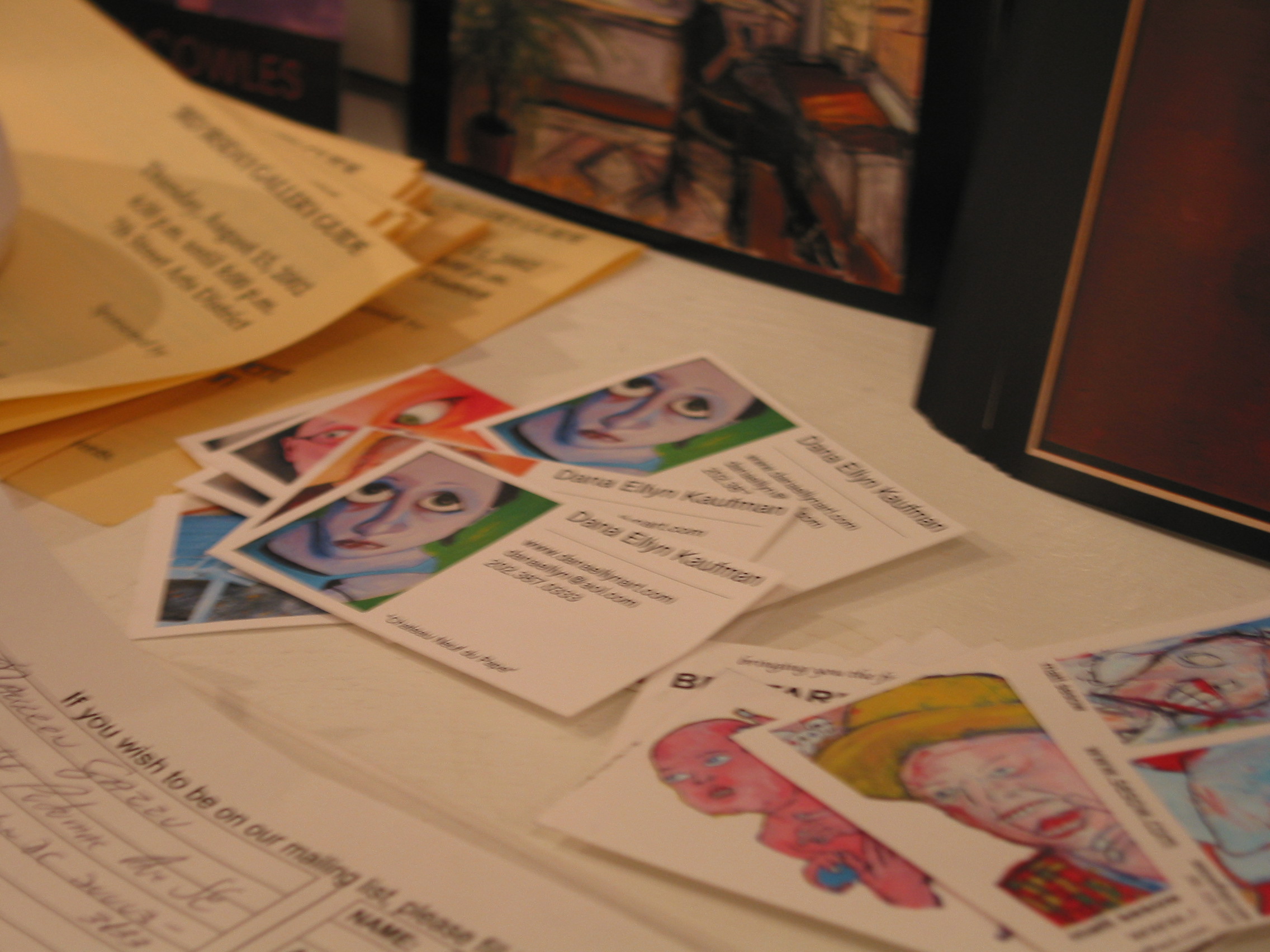 Dana Ellyn Kaufman business cards and guest sign-in sheet on the reception table at Touchstone Gallery, 2002