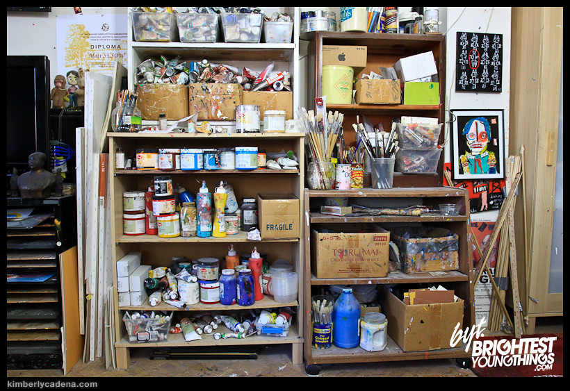 Shelves of paint and supplies