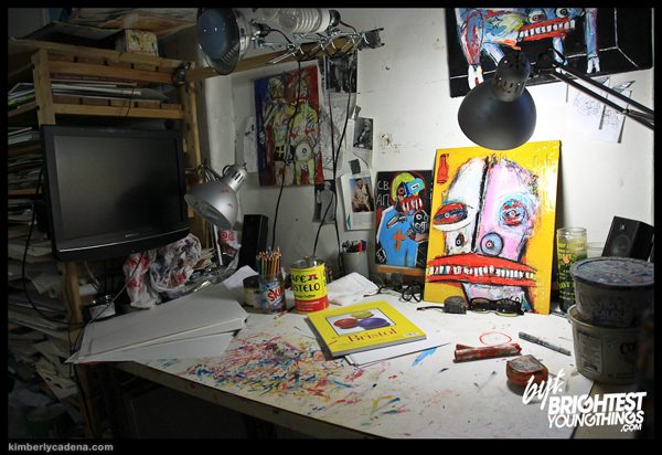 A work table under a lamp