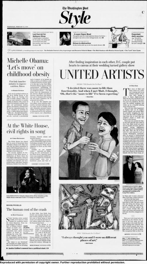 The Washington Post Style section front page, C1, February 10, 2010, with United Artists