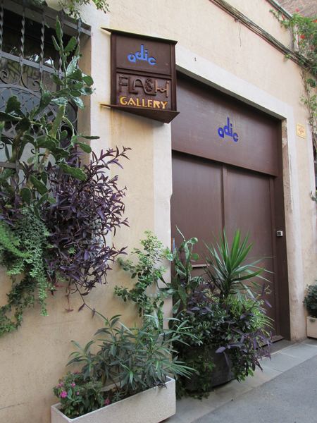 The Flash Gallery sign over the entrance on a plant-lined street in Barcelona