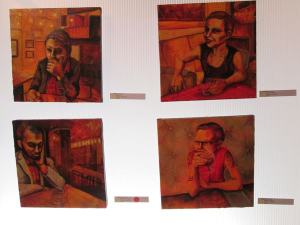 Four red-toned paintings by Dana Ellyn of people with drinks, on a white panel