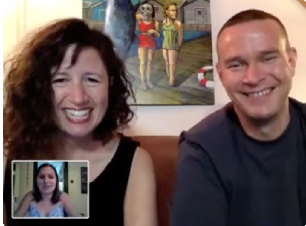 Video-call screenshot: Dana Ellyn and Matt Sesow on a sofa in their Washington, DC studio, a painting on the wall behind them, with host Leigh-Chantelle in the inset window.