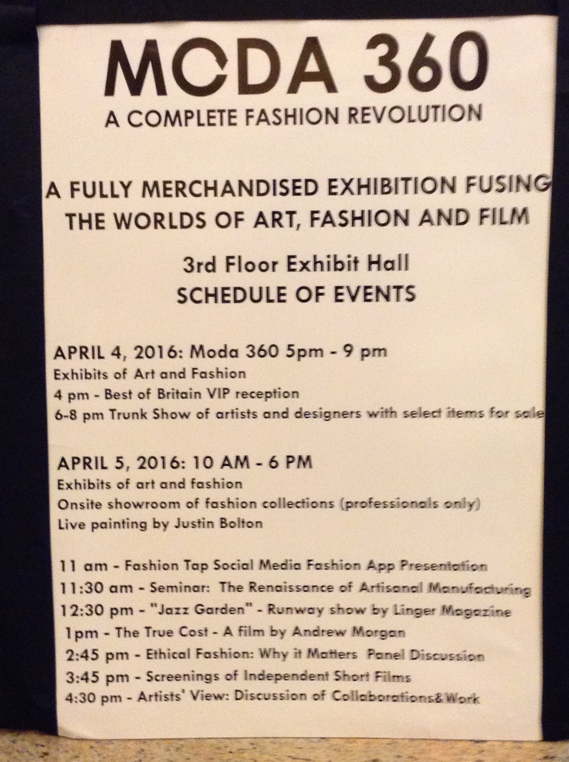 Moda 360 schedule of events for April 4 and 5, 2016, including a screening of The True Cost