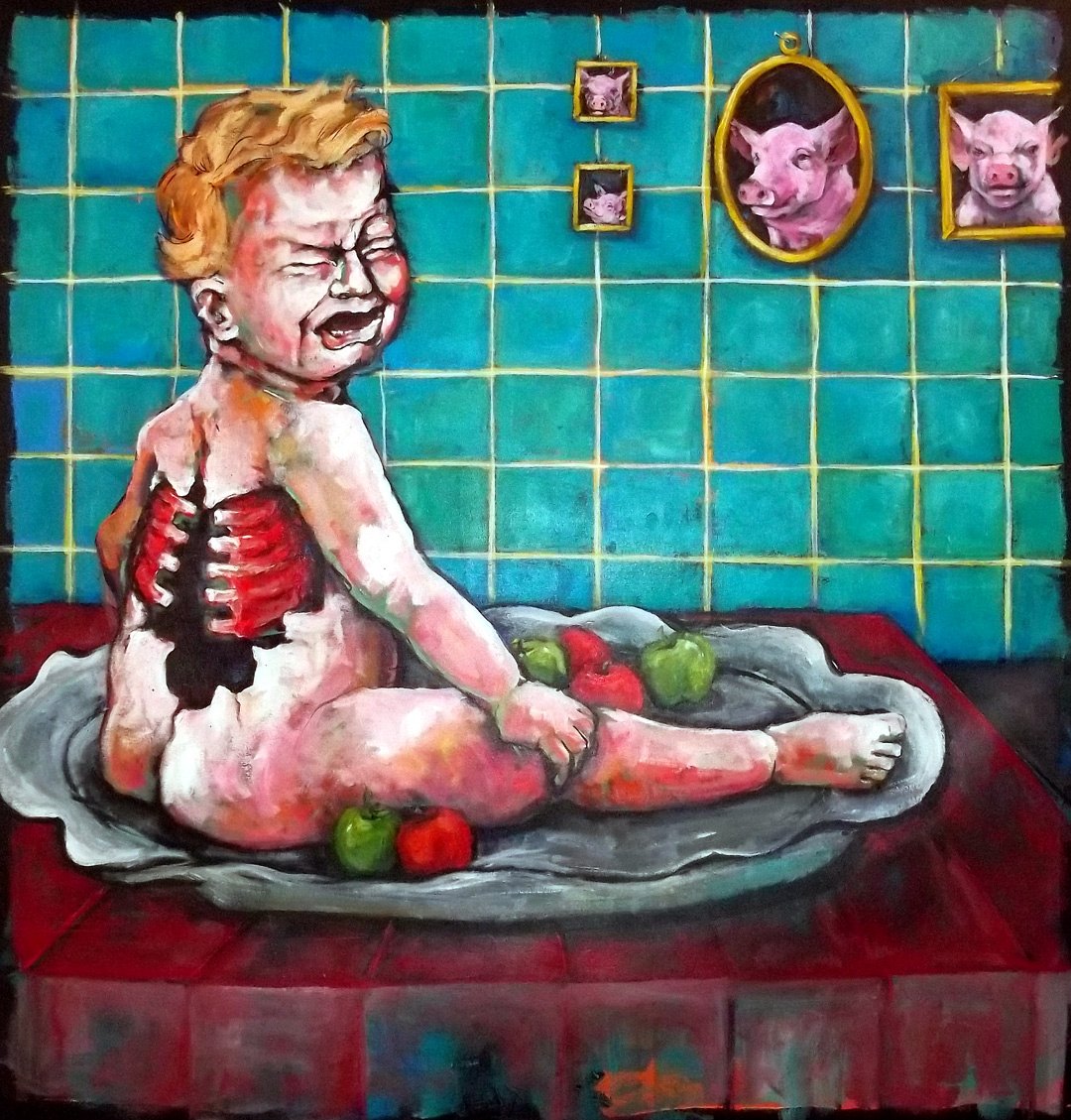 Baby Back Ribs by Dana Ellyn, acrylic on canvas: a crying infant seated on a cloth with apples, a rack of ribs painted into its back, framed pig portraits on the tiled wall behind