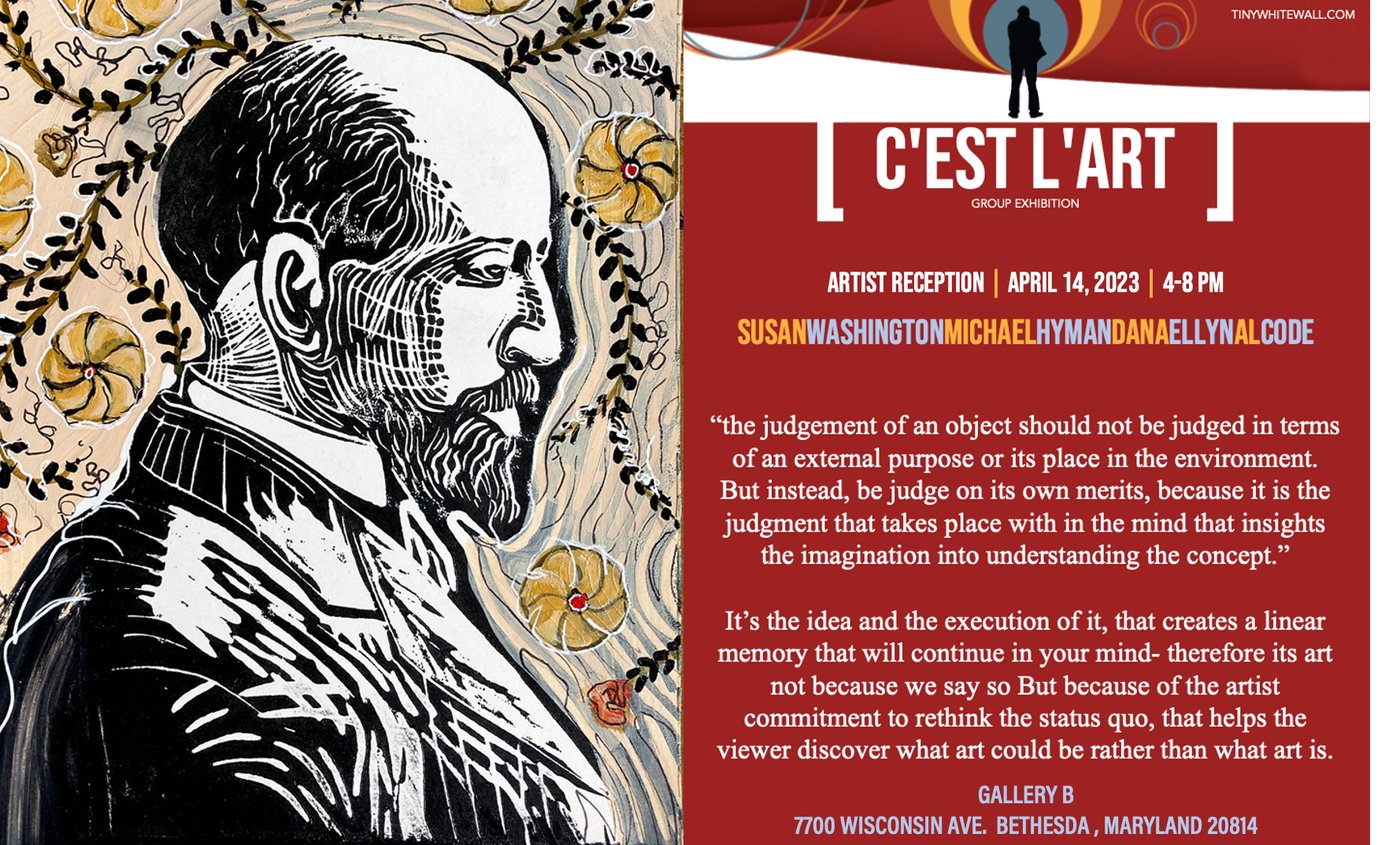 Exhibition card for c'est l'art at Gallery B, listing Susan Washington, Michael Hyman, Dana Ellyn and Al Code