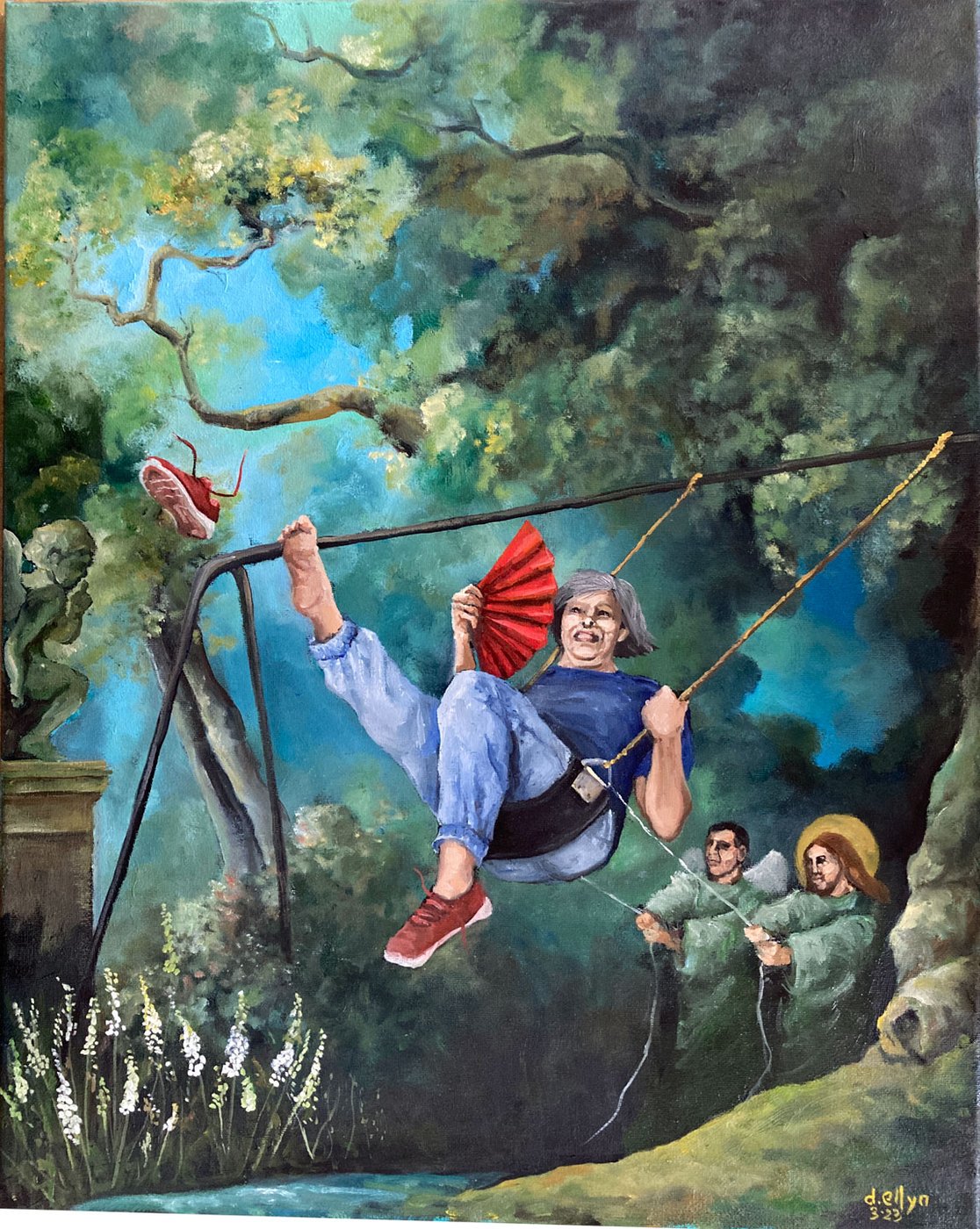 (Rococo) Mood Swing with Black Cohosh, oil painting by Dana Ellyn: a grey-haired woman on a garden swing kicking off a red sneaker, holding a red fan, two robed figures behind her