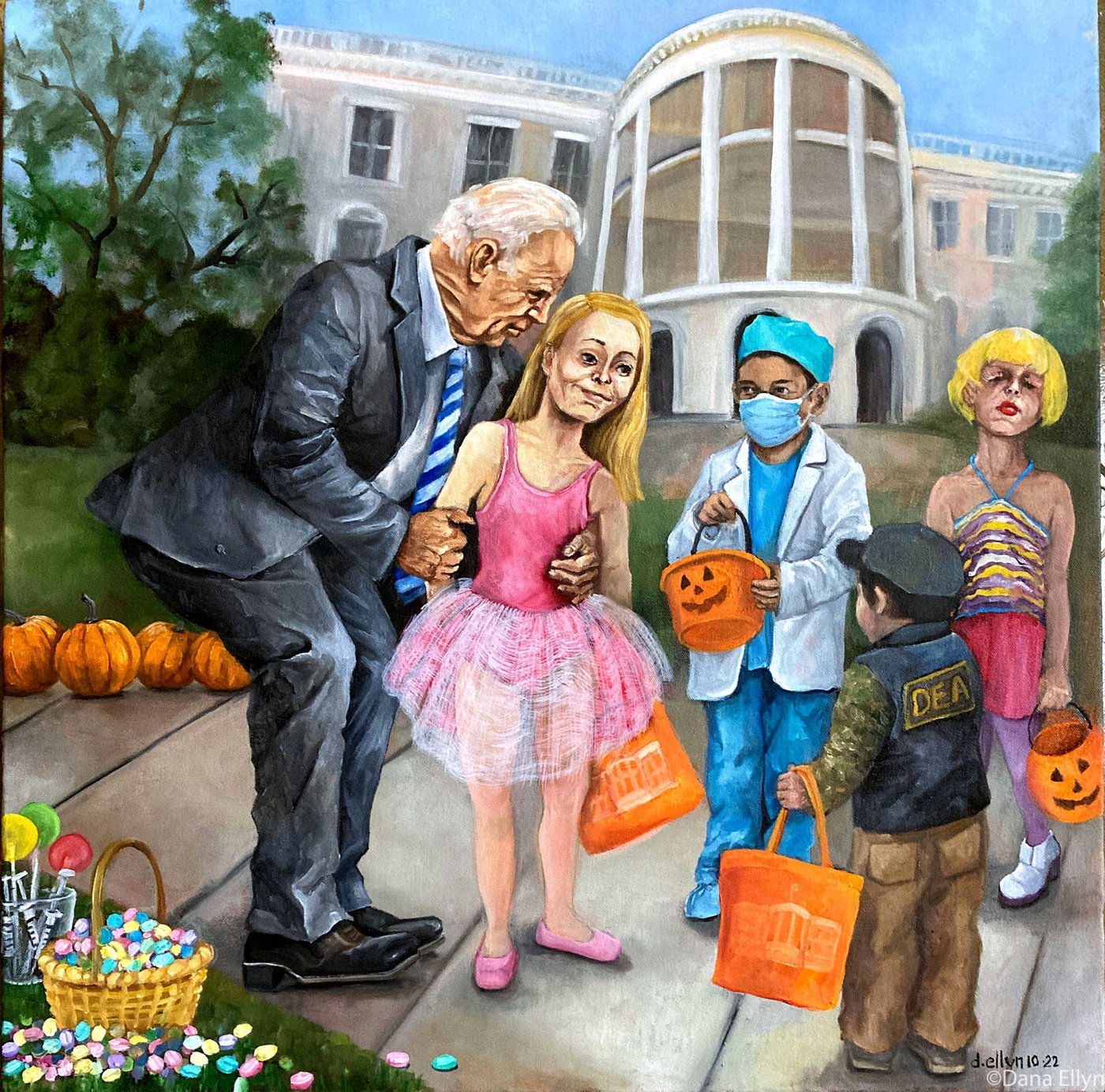 Trick or Treat (with Uncle Joe), oil painting by Dana Ellyn: a white-haired man in a grey suit stoops to hold a girl in a pink tutu, with costumed children and pumpkins outside a domed building