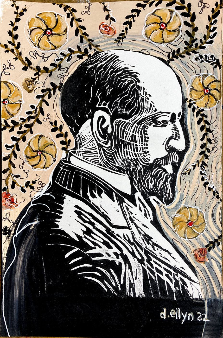 W.E.B. Du Bois by Dana Ellyn, a black and white linoleum block print profile portrait surrounded by hand-painted gold flowers and dark vines