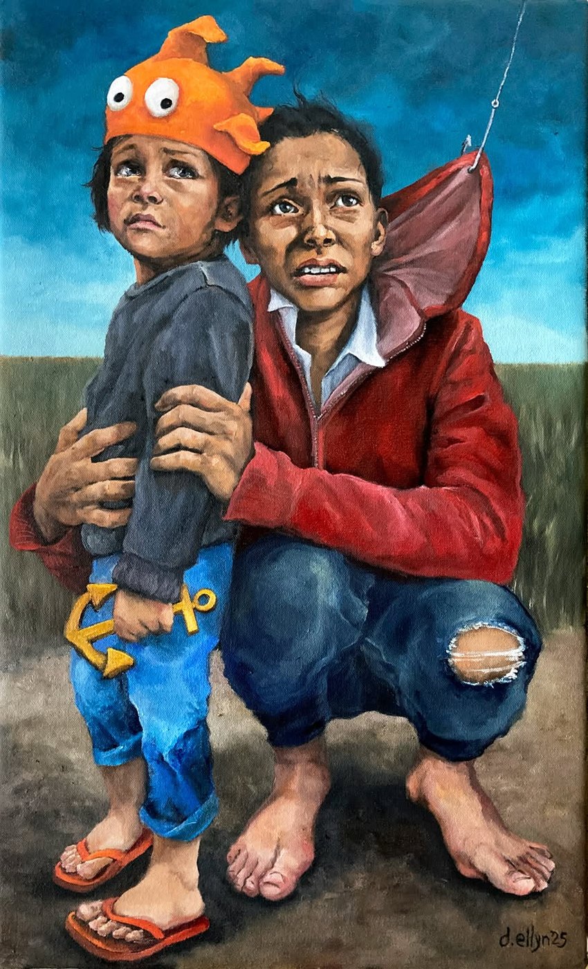 Catch and Release by Dana Ellyn: a child in an orange crocheted fish hat stands in front of a crouching adult in a red jacket, both looking up at a large fishing hook descending on a line