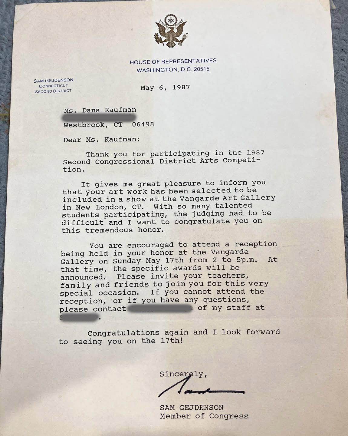 Letter from Congressman Sam Gejdenson to Dana Ellyn Kaufman 1987