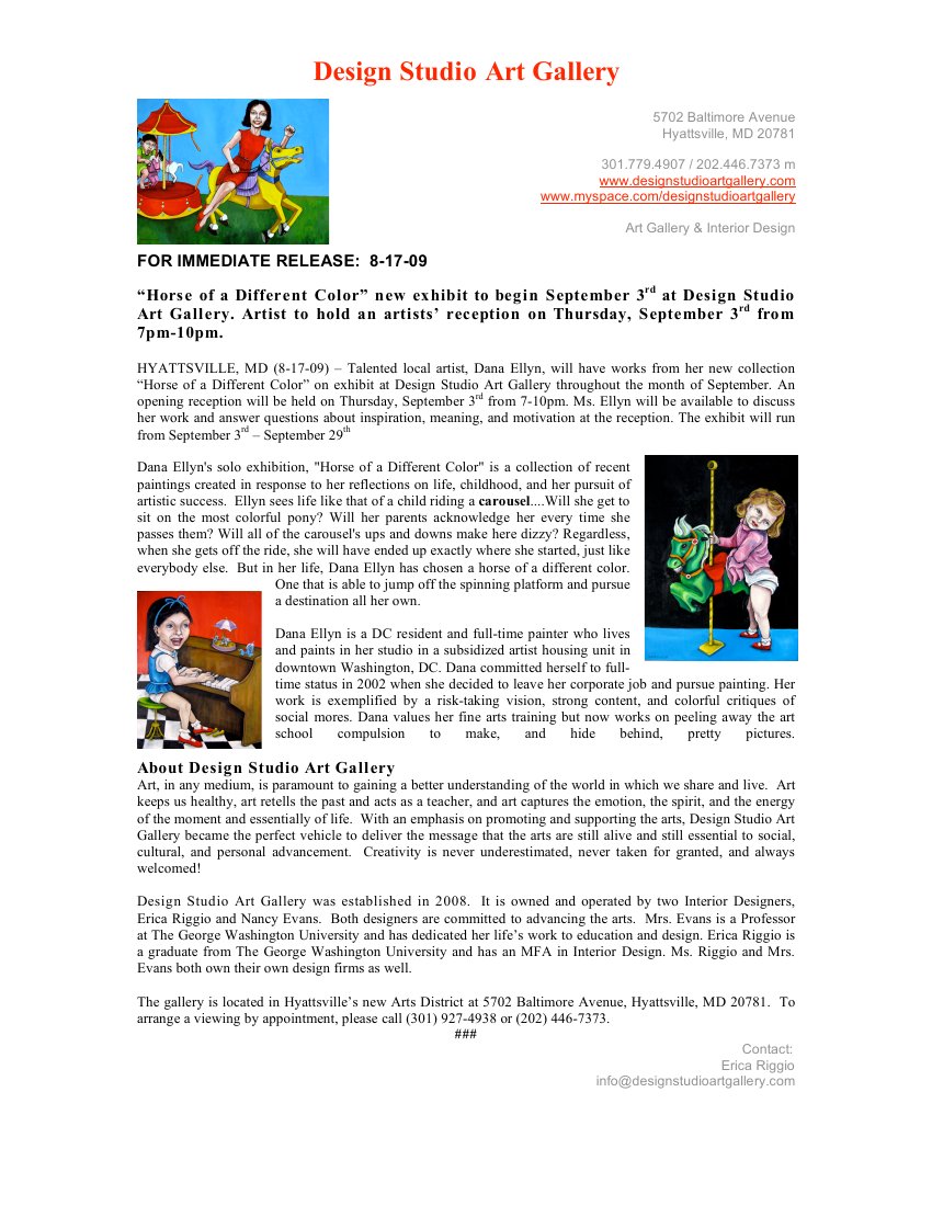 The original one-page 2009 Design Studio Art Gallery press release for Horse of a Different Color, with three of Dana Ellyn's paintings