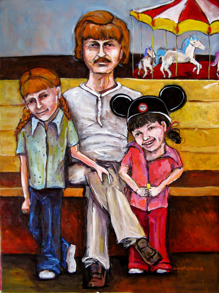Painting by Dana Ellyn: father sits with two daughters, the younger in mouse ears, a carousel behind them