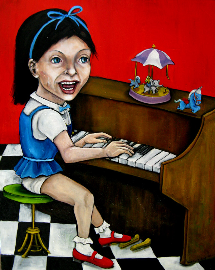Painting by Dana Ellyn: girl in a blue dress plays an upright piano topped with a carousel music box, on a checkered floor