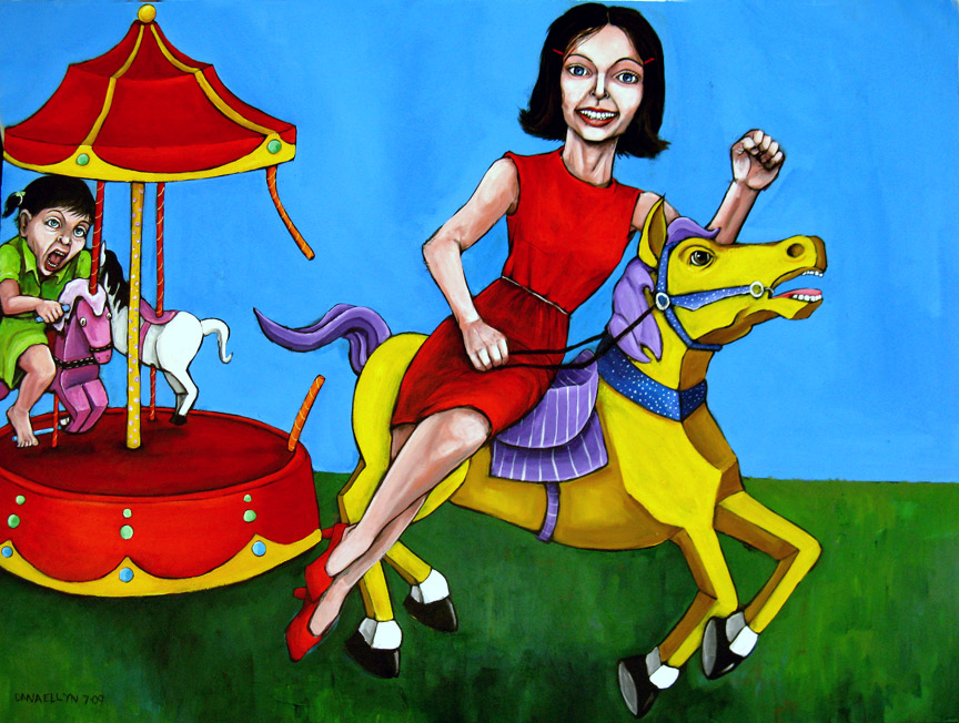 Painting by Dana Ellyn: woman in a red dress, fist raised, rides a yellow carousel horse off across the grass, away from the carousel