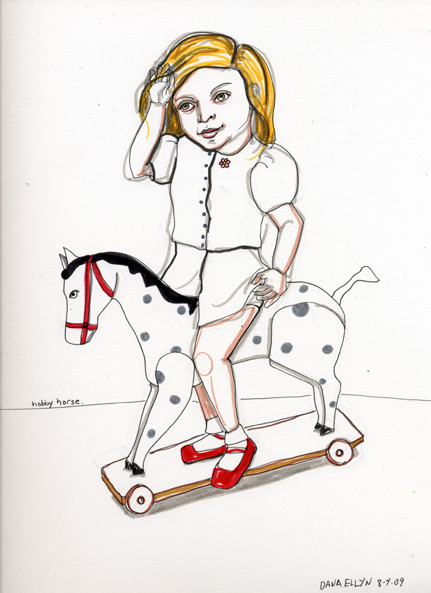Drawing by Dana Ellyn: girl in white riding a spotted toy horse on wheels