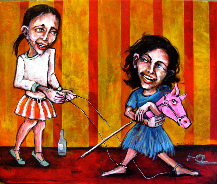 Painting by Dana Ellyn: girl holds reins tied to the ankles of a dark-haired girl riding a pink hobby horse