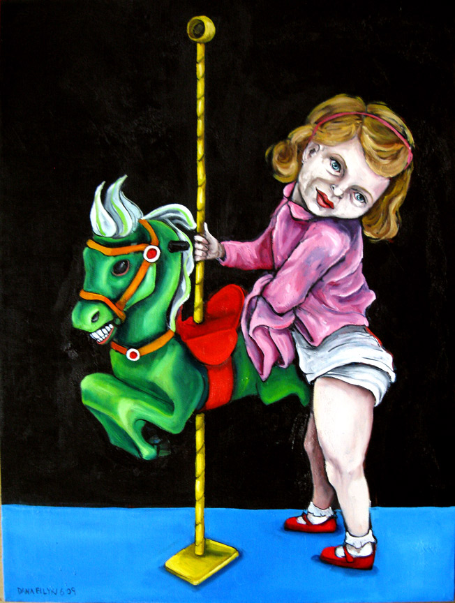 Painting by Dana Ellyn: girl in pink clings to the pole of a green carousel horse