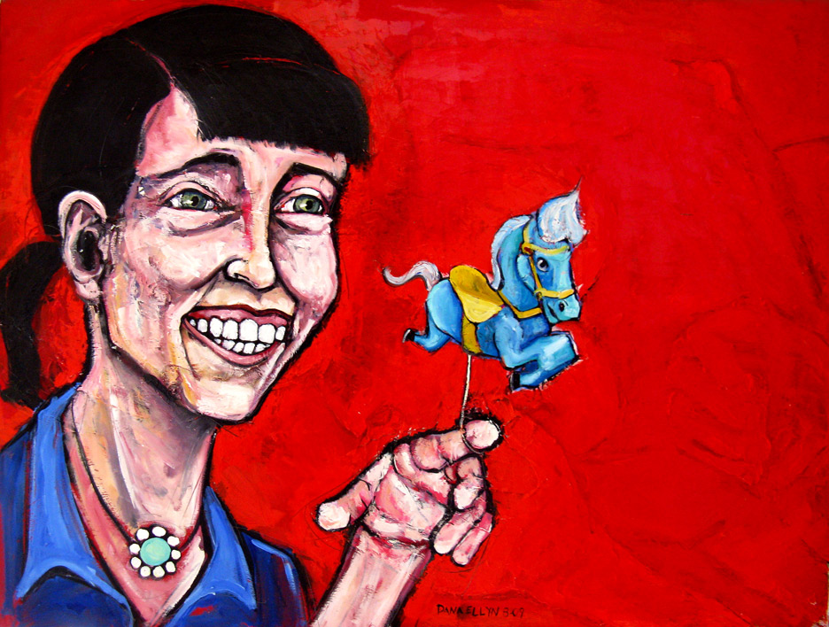 Painting by Dana Ellyn: smiling woman holds up a tiny blue toy horse against a red background