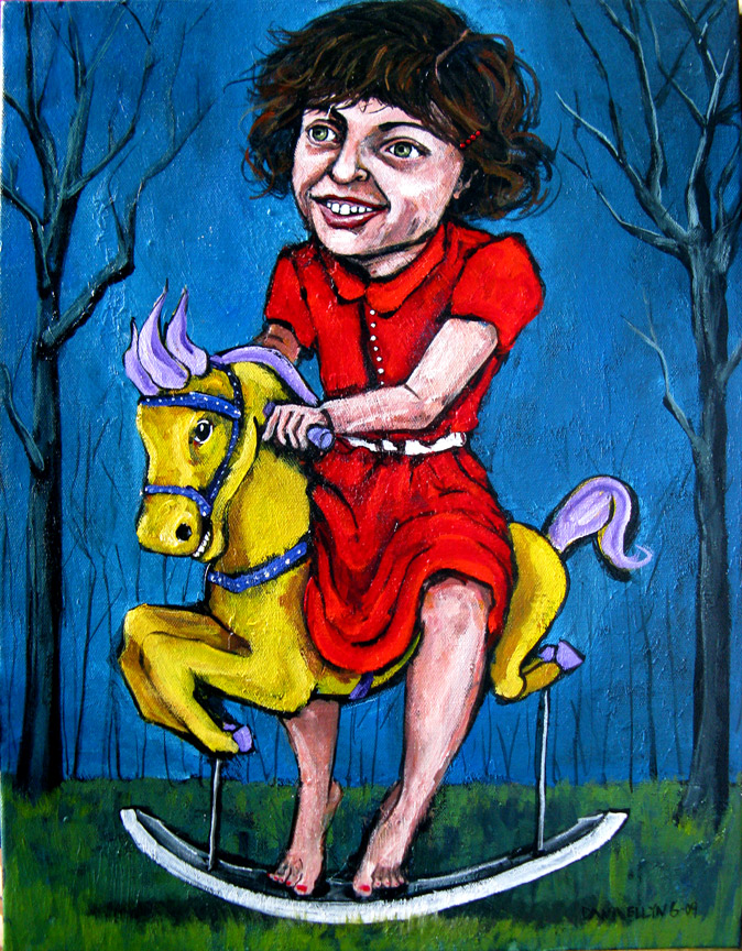 Painting by Dana Ellyn: girl in a red dress rides a yellow rocking horse in a blue wood