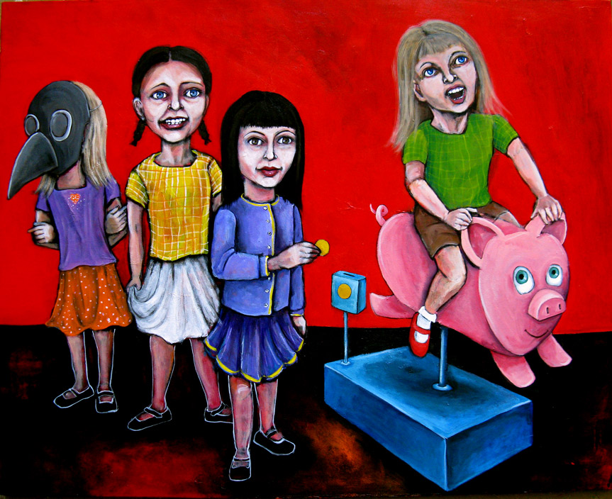 Painting by Dana Ellyn: three girls, one in a bird mask, wait while a fourth rides a coin-operated pig