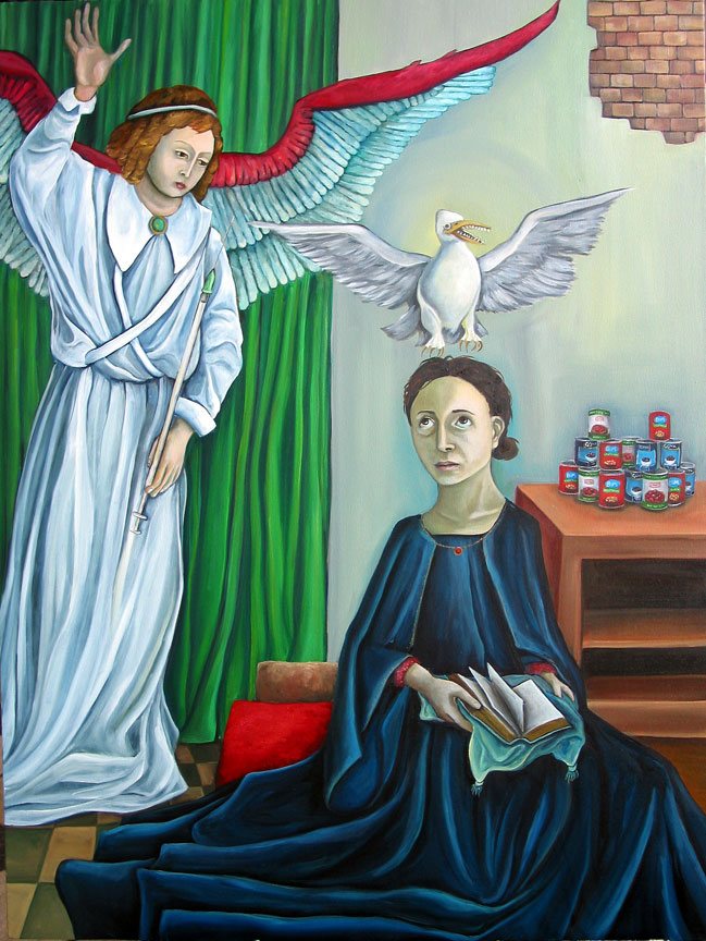Annunciation (of the Bird Flu), oil on canvas painting by Dana Ellyn, an angel and gull above a woman reading, 30 x 40 inches