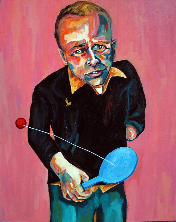 Paddle Boy, oil on canvas painting by Dana Ellyn, a man in a black sweater holding a paddle ball on pink, 24 x 36 inches