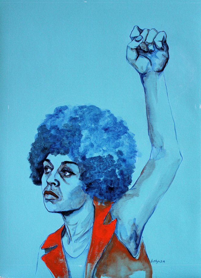 Angela, acrylic on canvas painting by Dana Ellyn, a woman with a blue afro raising her fist, 18 x 24 inches