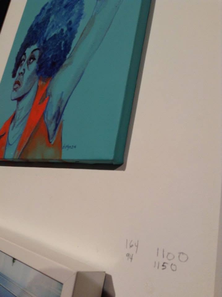 Bids written in pencil on the white gallery wall below Dana Ellyn's painting Angela at the 2014 Transformer auction