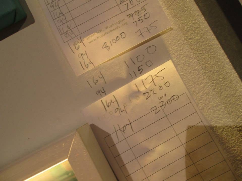 Handwritten bids continuing down the gallery wall at the 2014 Transformer auction
