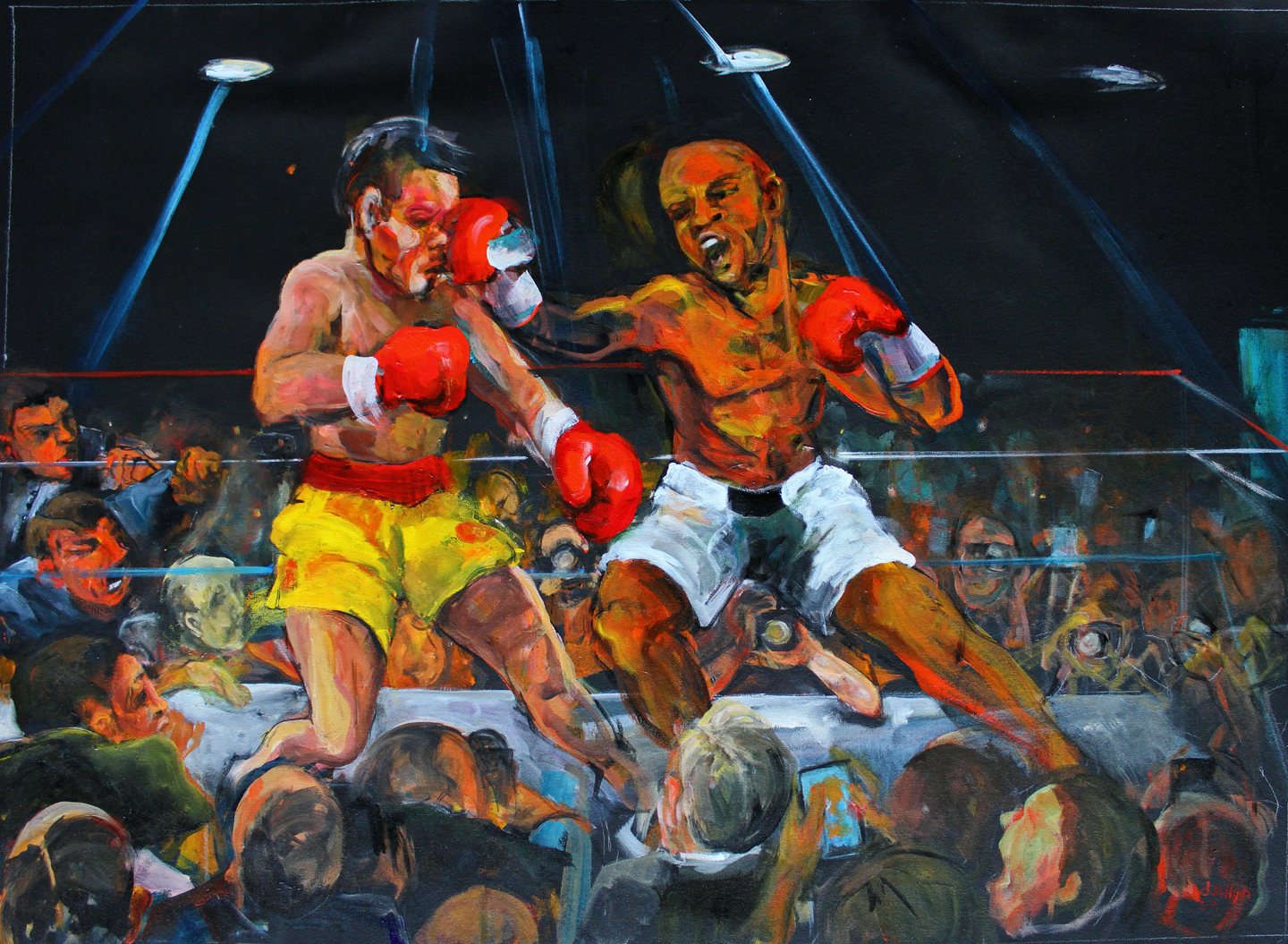 Spectacle, acrylic on canvas painting by Dana Ellyn, two boxers trading punches before a crowd, 32 x 44 inches