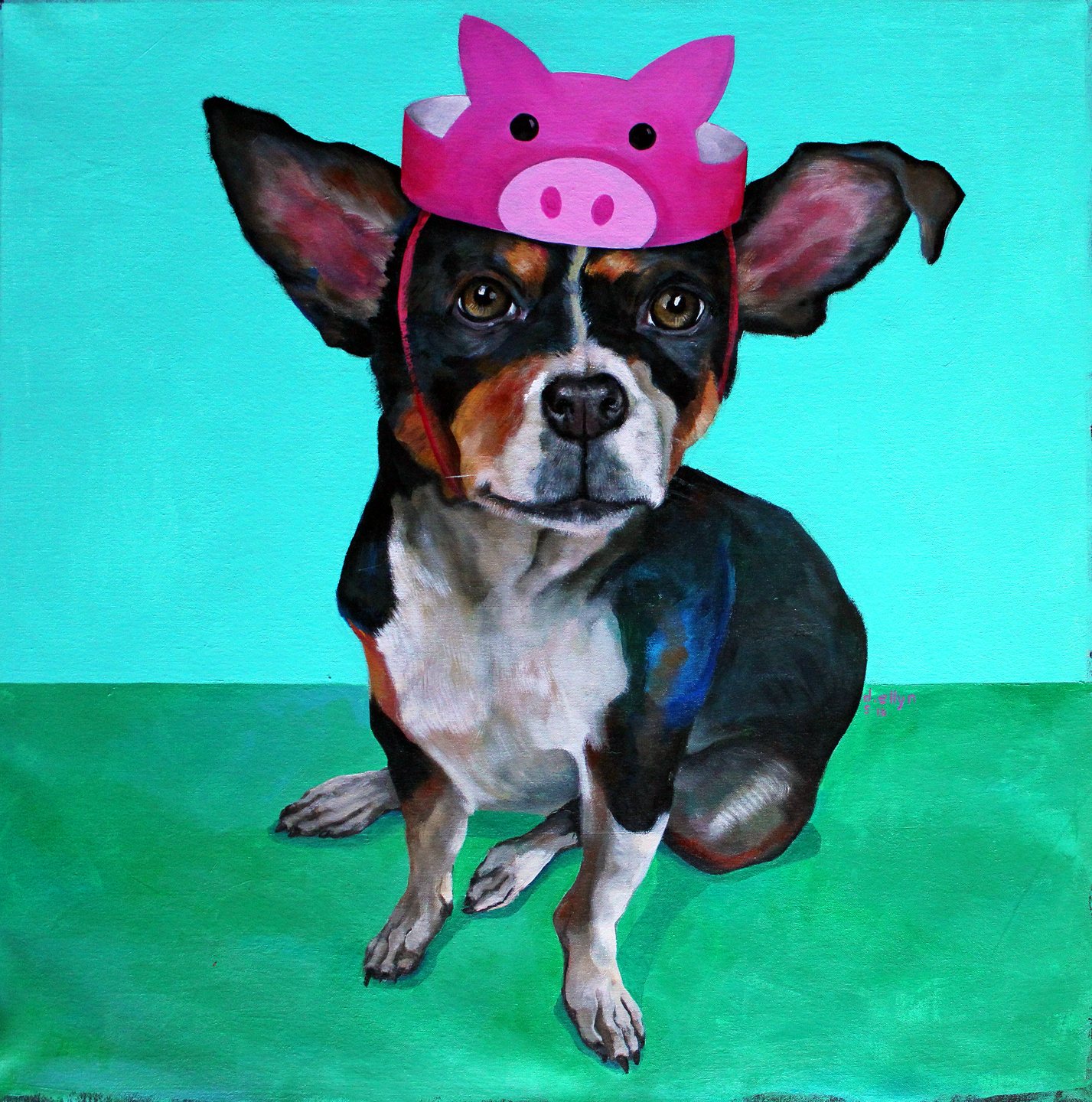 Bacon?, acrylic on canvas painting by Dana Ellyn, a small dog wearing a pink pig hat, 30 x 30 inches