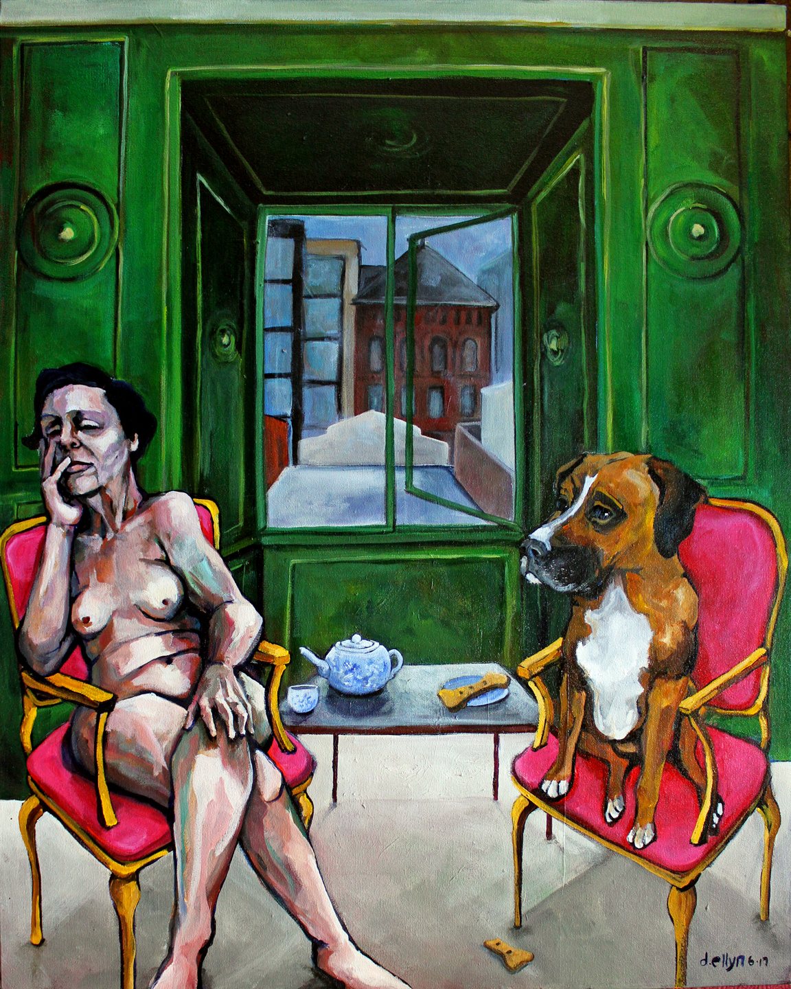Tea & Biscuits, acrylic on canvas painting by Dana Ellyn, a nude woman and a boxer dog at a tea table, 24 x 30 inches
