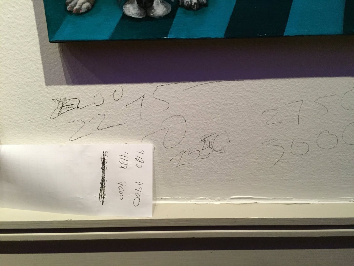 The paper bid sheet and handwritten bids on the wall below Dana Ellyn's painting Sanctuary at the 2018 Transformer auction