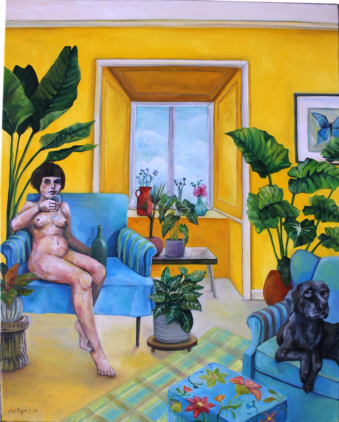 Plant Based Nude, oil on canvas painting by Dana Ellyn, a nude woman in a yellow room with plants, 30 x 24 inches