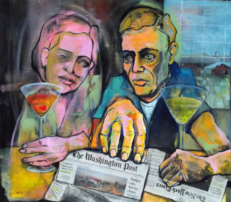 A woman and a man with martinis at a table over copies of The Washington Post and The New York Times